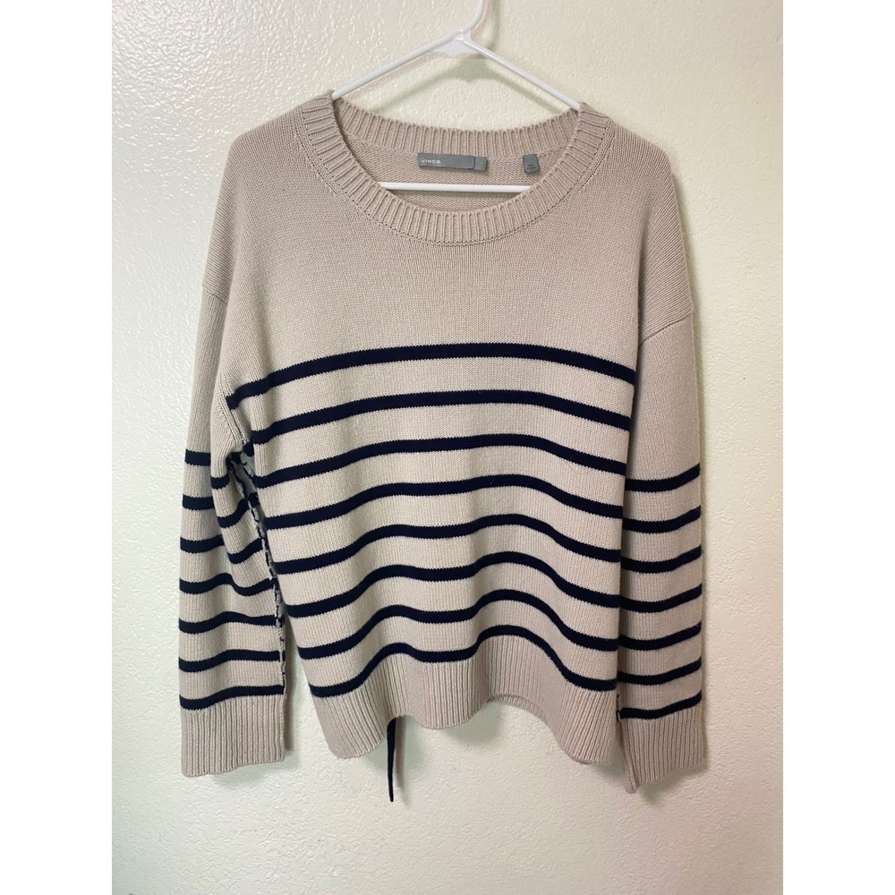 Vince 100% Cashmere Striped Tie Back Inside Out Seam Boxy Crewneck Sweater Large